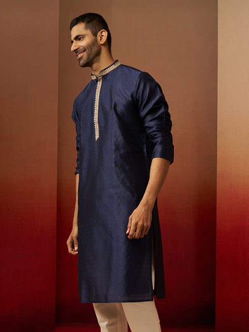 Vastramay Men Navy Blue Silk Anmol Jacquard Kurta